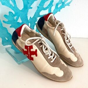 RARE TORY BURCH LEATHER AND SUEDE LOW TOP NEUTRAL RED BLUE SNEAKERS SZ 8